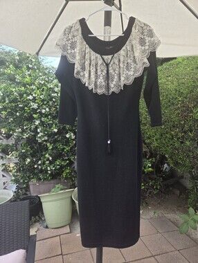 Vintage Diane Freis Black Knit Dress with Ivory Sequins/Pearl Lace Collar L.